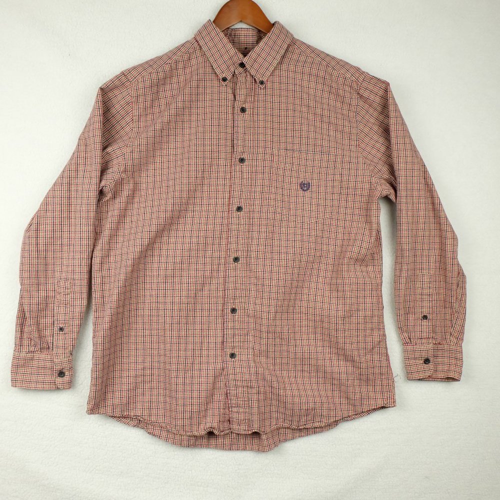 Chaps Button Up Shirt Mens Large Red Green Plaid Check Long Sleeve Preppy Logo